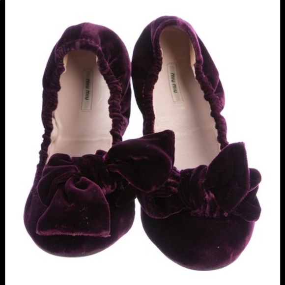 Miu Miu Velvet Bow-Adorned Flats Purple - Picture 2 of 5